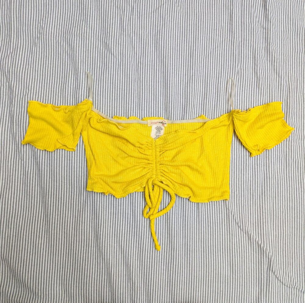 image nation - Yellow Ribbed Ruched Off Shoulder Tie Front Crop Top - Sz S-M
